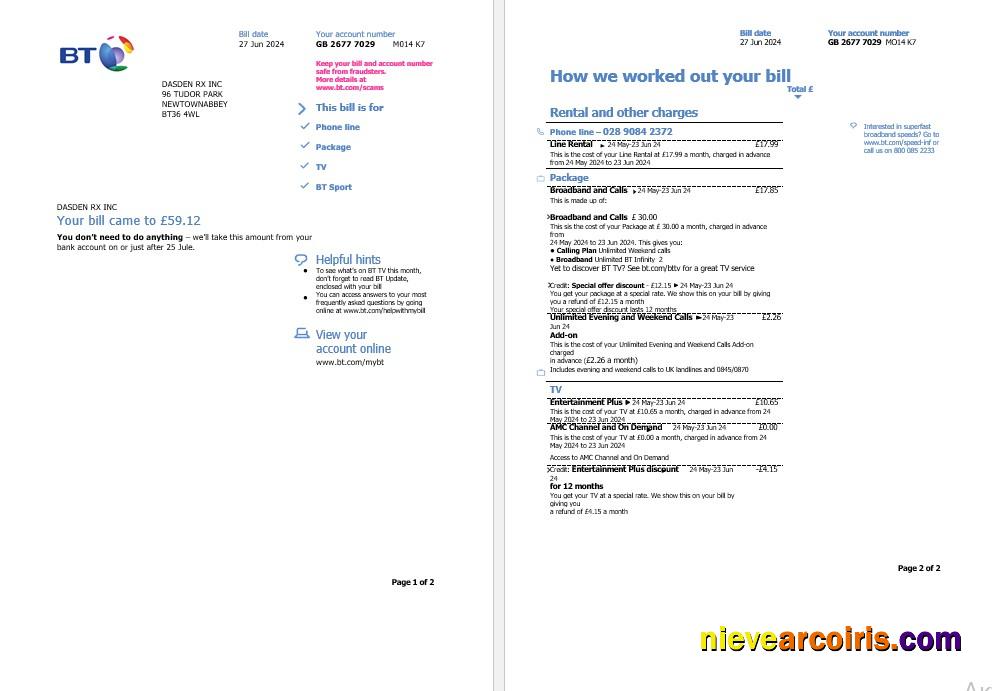United Kingdom BT business utility bill, 2 pages